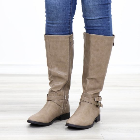 Taupe Rider Chick Mid Calf Boots With Buckles - Picture 5 of 11